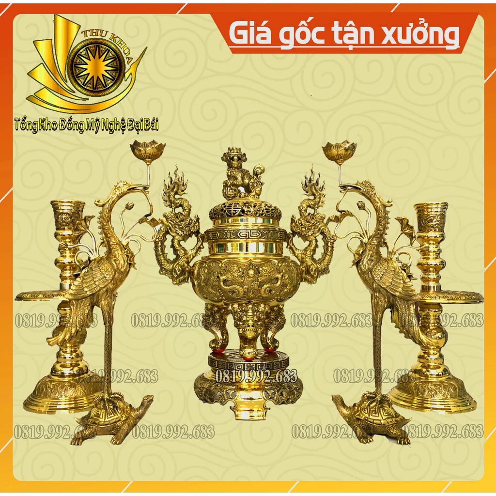 Combo Bộ Đỉnh Đồng Tam Sự Đỉnh Hạc Chân Đèn Bằng Đồng Kích Thước Chuẩn Phong Thủy, Bộ Lư Đặt Bàn Thờ Bằng Đồng Đại Bái