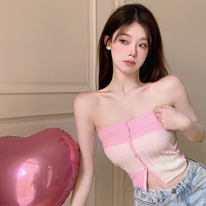 Bộ Áo Ống Màu Tương Phản + Khăn Choàng Lụa Dệt Kim Thời Trang Hàn Quốc Cho Nữ