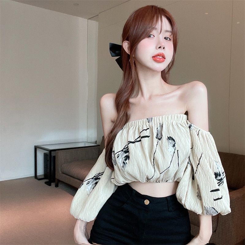 Áo Sơ Mi Tay Ngắn Hở Vai Dáng Rộng In Họa Tiết Độc Đáo Thời Trang Cho Nữ