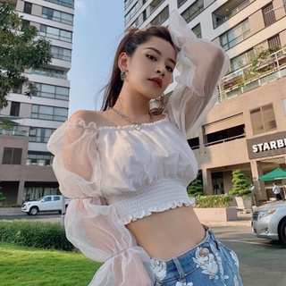 Áo croptop tay ren bồng chi pu