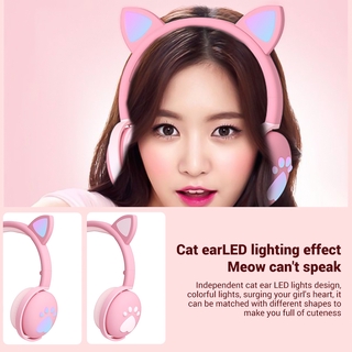 Tai nghe bluetooth 5.0 hình tai mèo dễ thương có đèn LED và mic cho chơi game điện thoại / máy tính bảng