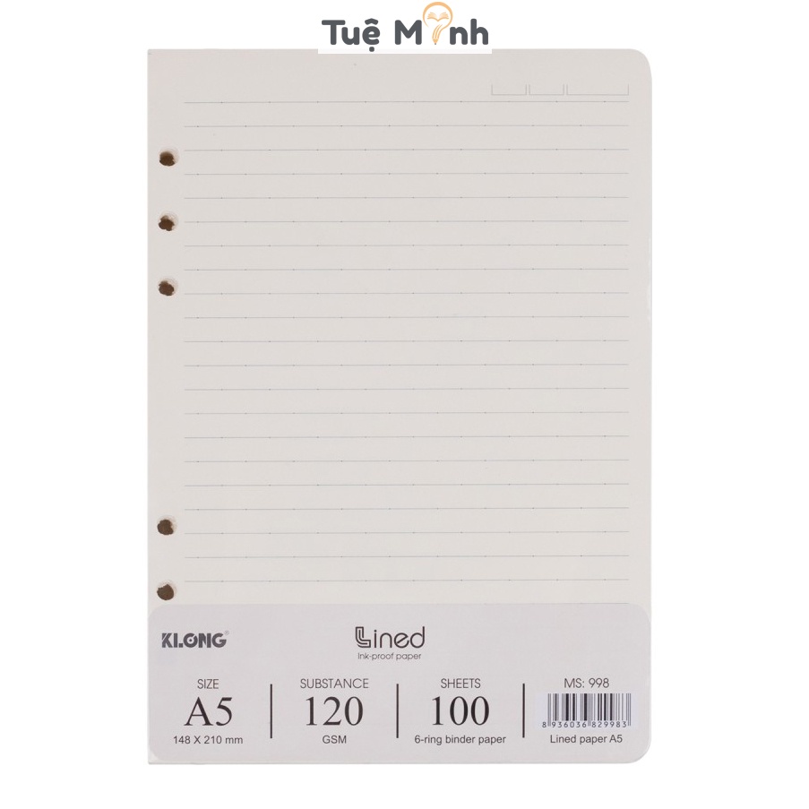 Ruột sổ còng A5 kẻ ngang 100 tờ dày 120gsm, giấy refill thay binder file còng Klong MS 998