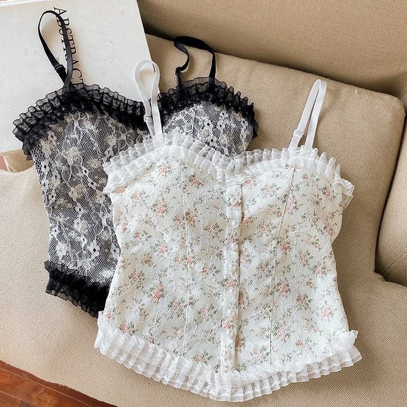 Áo Bra Hai Dây Croptop Phối Ren Họa Tiết Hoa Nhí, Áo Corset Lưng Chun Thoáng Mát | BigBuy360 - bigbuy360.vn