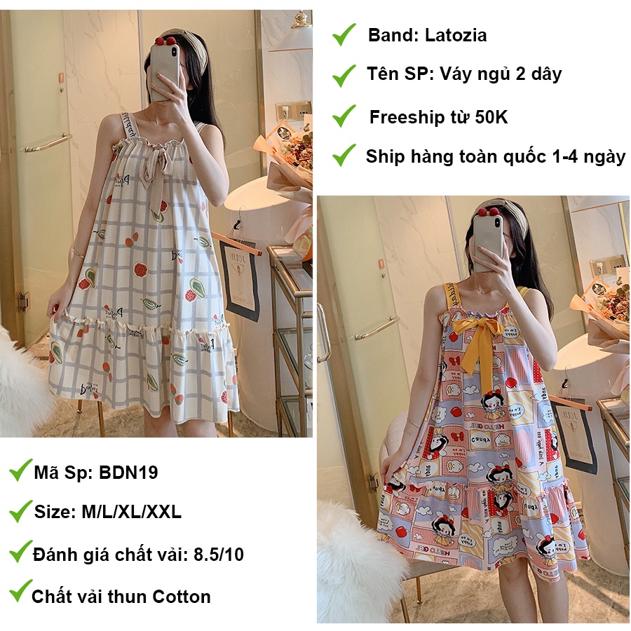 Váy Ngủ Nữ Hai Dây Dáng Suông Qua Gối, Đầm Ngủ Thun Cotton Phối Nơ Latozia BDN19