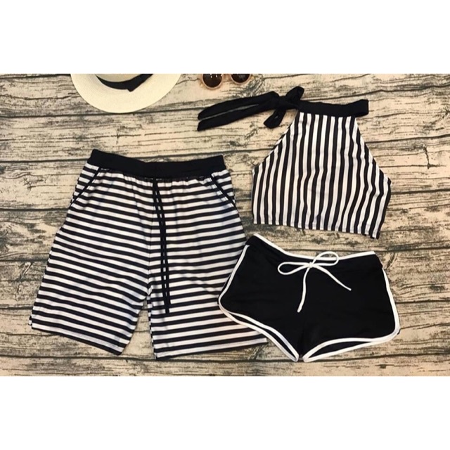 ✓❈℡Đồ bơi cặp nam nữ thun lạnh- Bikini đôi đi biển quần đùi sọc đen trắng- shopnabi