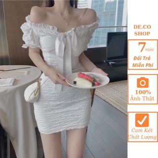 Váy Body Nhún DE.CO shop Trễ Vai Trắng Tay Phồng Phong Cách Trẻ Trung Hàng Sale Sốc V20