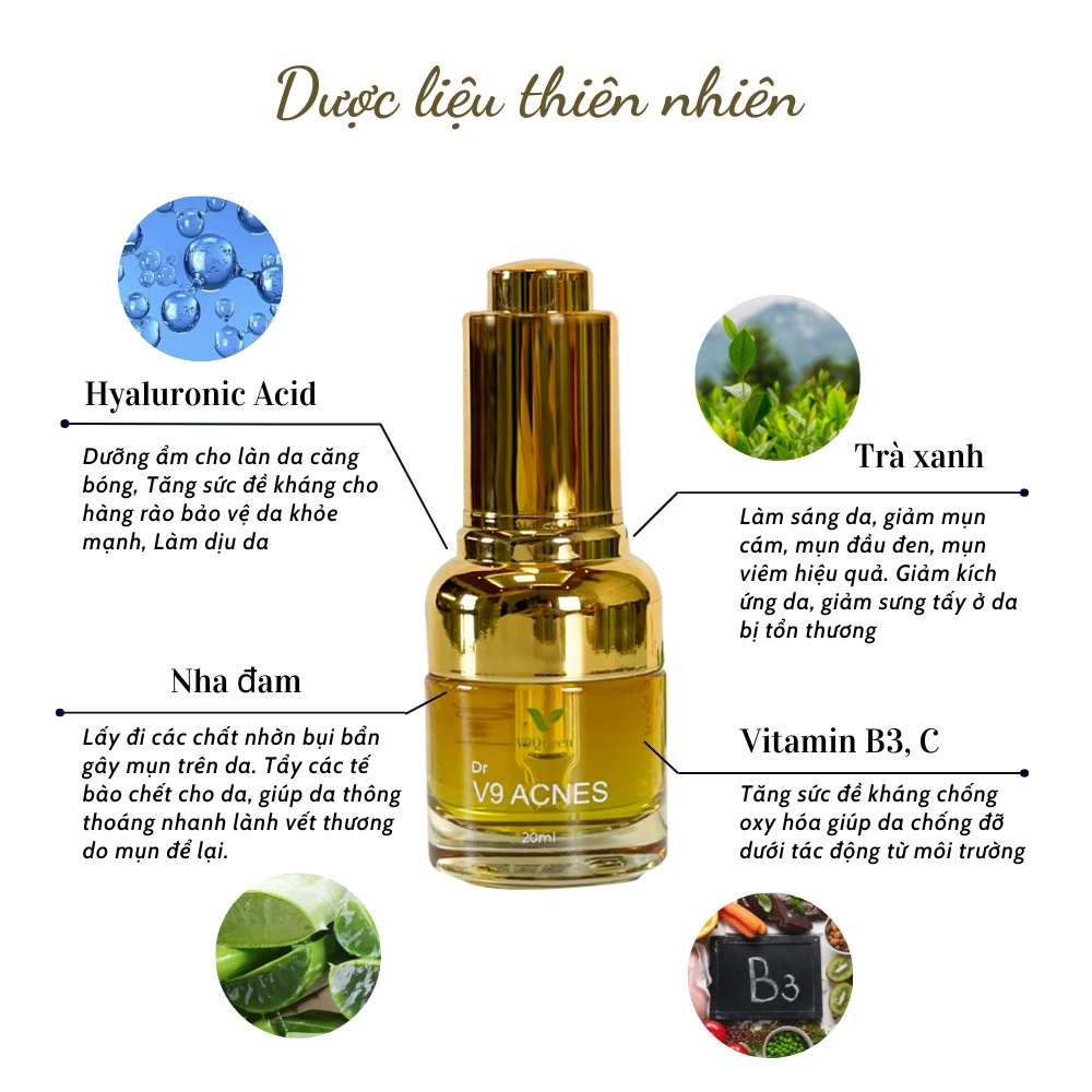 Serum giảm mụn V9Queen, tinh chất rau má dưỡng trắng da mờ thâm - Dr V9 Acnes 20ml