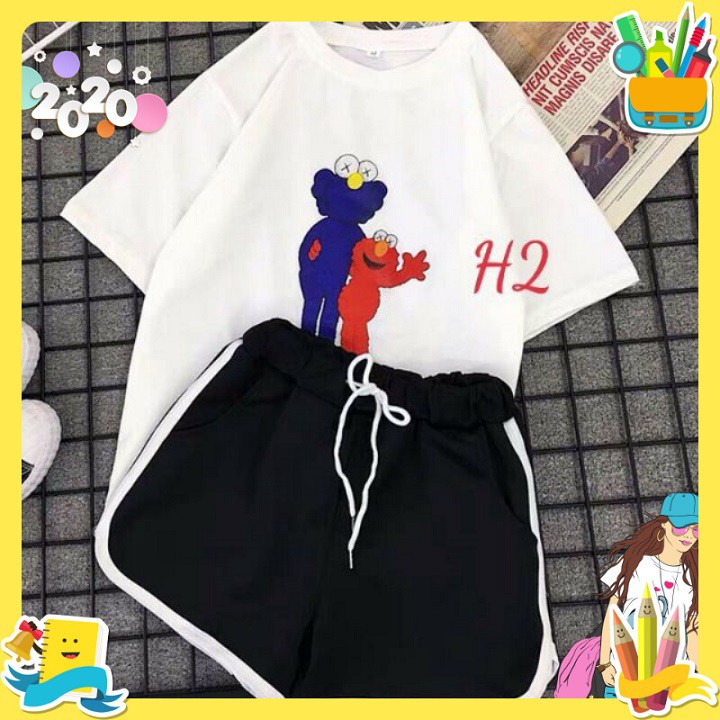 Sét Bộ Đồ Nữ Mặc Ngủ, Mặc Ở Nhà Ngắn Mùa Hè, Áo Phông Cotton Mát Mịn In Đôi Gấu Xanh Đỏ Kèm Quần Đùi Viền Thun Cát