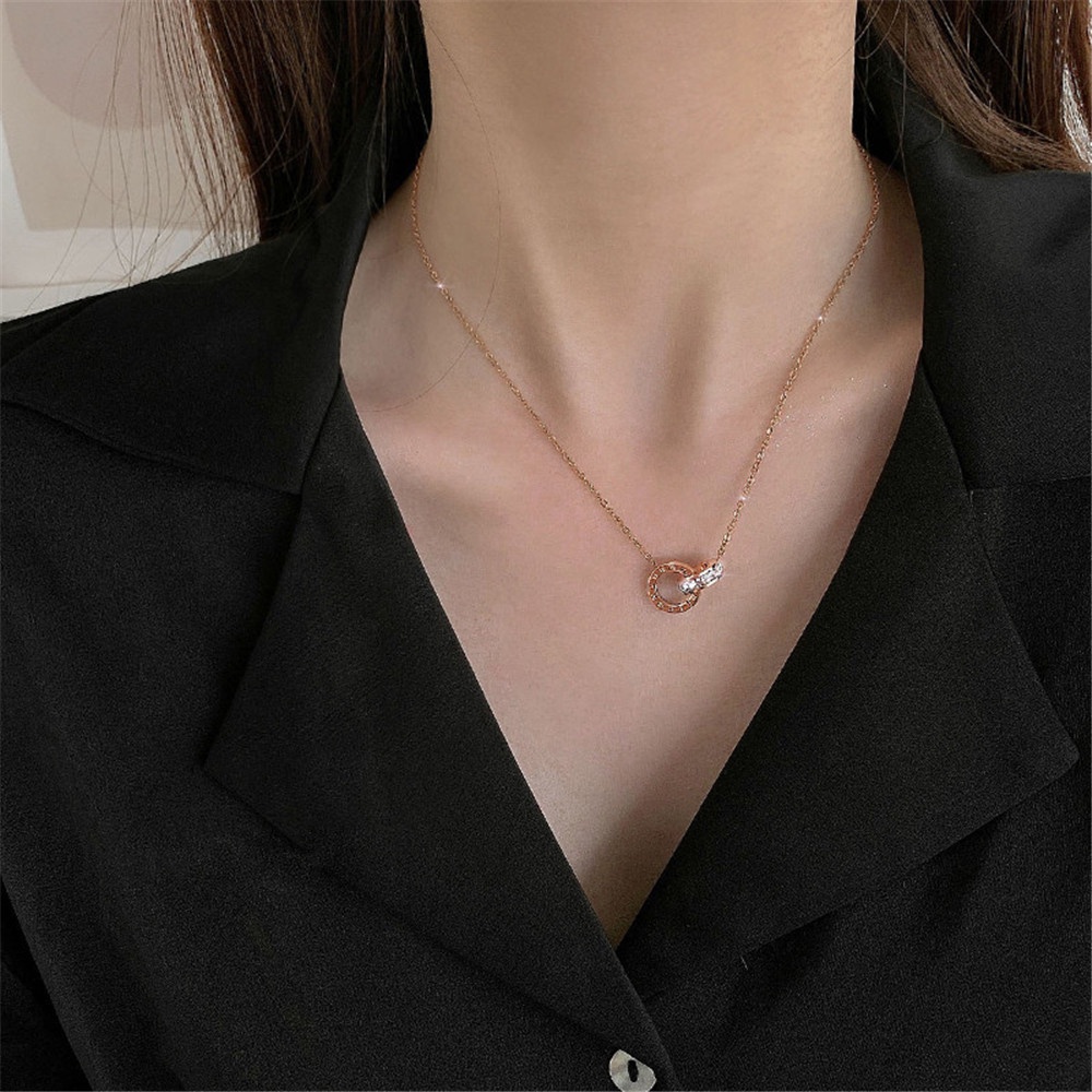 Vòng cổ mặt nhẫn đôi bằng thép không gỉ đính đá zircon đơn giản cho nữ