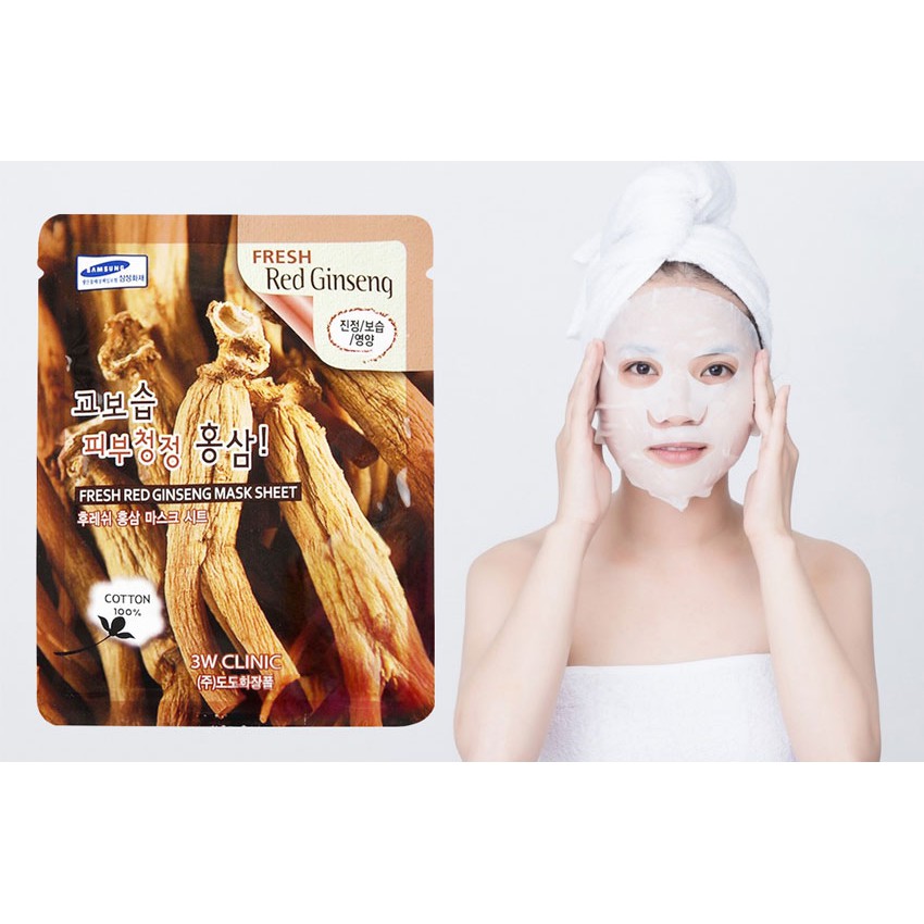 Mặt nạ Sâm đỏ  dưỡng ẩm chống nhăn 3W Clinic Fresh Red Ginseng Mask Sheet 23ml - Hàn Quốc Chính Hãng