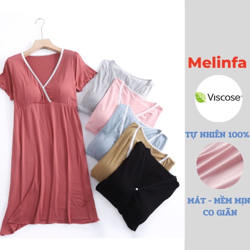 Váy đầm ngủ ngắn tay cổ V đệm ngực vải Viscose mềm mại thoáng mát mặc nhà mùa hè mã VAV0286