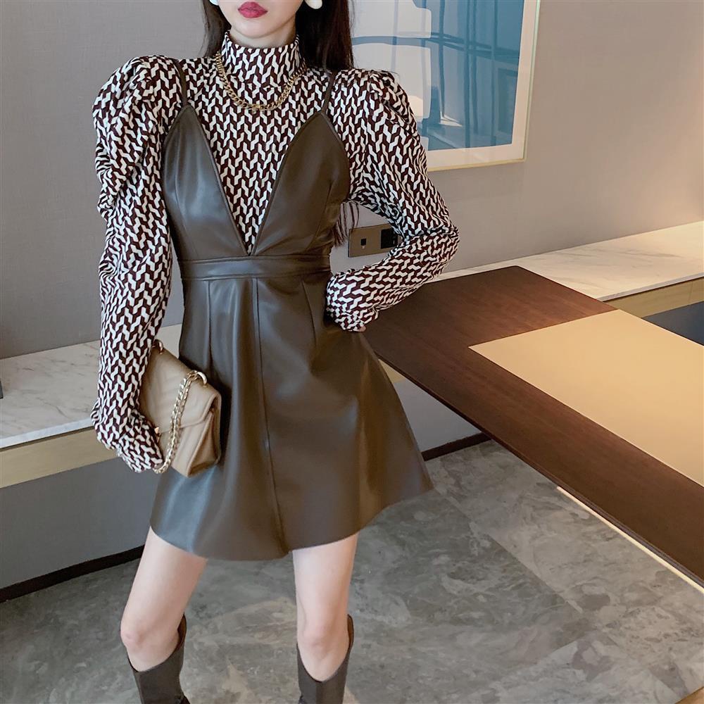 Set Áo Caro + Đầm Da Hai Dây Phong Cách Vintage Cho Nữ