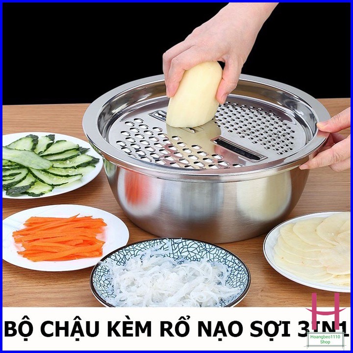 Bộ rổ, chậu kèm nạo rau củ quả inox đa năng 3in1 siêu tiện dụng { H }