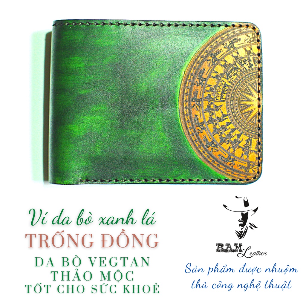 Ví nam handmade Trống Đồng Việt Nam xanh lá (trống vàng) da bò Italia cao cấp - chính hãng RAM Leather