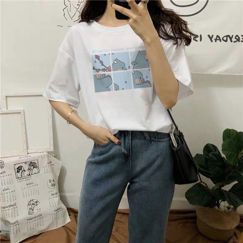 Áo Thun Tay Ngắn Cổ Tròn Dáng Rộng In Hình Hoạt Hình Phong Cách Hàn Quốc