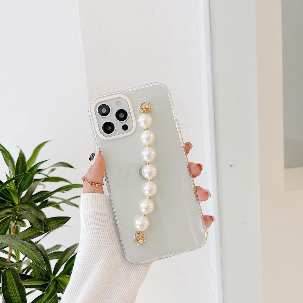 Ốp điện thoại silicon mềm trong suốt đính dây đeo ngọc trai cho iPhone 12Pro 11Pro MAX 7 8 Plus XR XS 12 Mini SE 2020