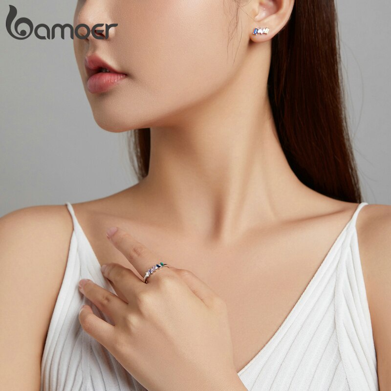 Đôi bông tai Bamoer SCE1208 bằng bạc 925 đính đá Zircon hình vuông nhiều màu chống dị ứng cho nữ