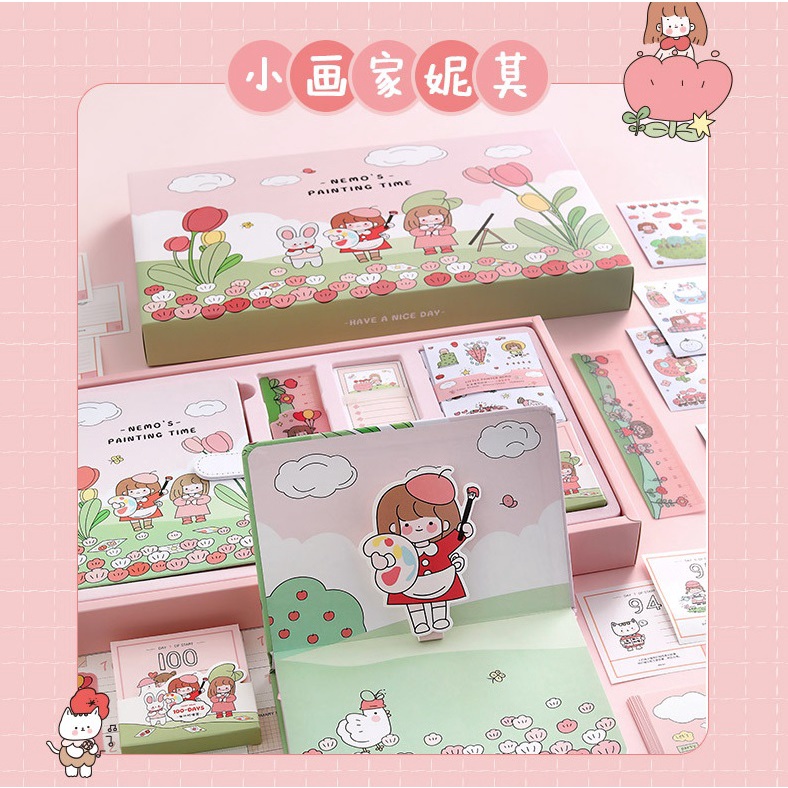 Set Sổ Tay Kèm Sticker Washi Tape Giấy Note Thước Kẻ - Quà Tặng, Trang Trí Sổ, Bullet Journal, DIY,...