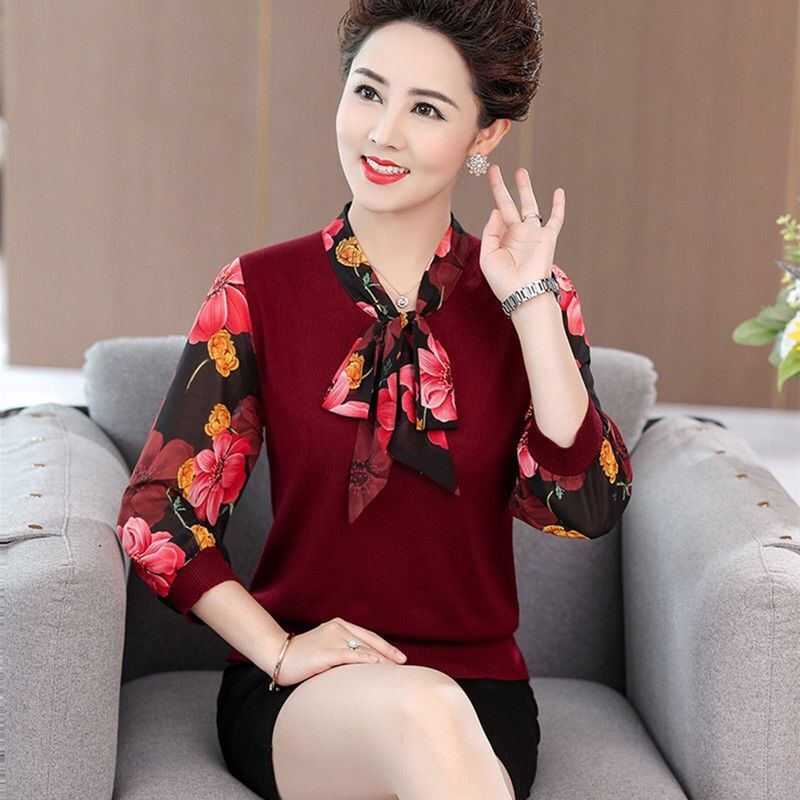 Áo thun tay dài dáng rộng thêu họa tiết thời trang mùa hè cho phụ nữ trung niên