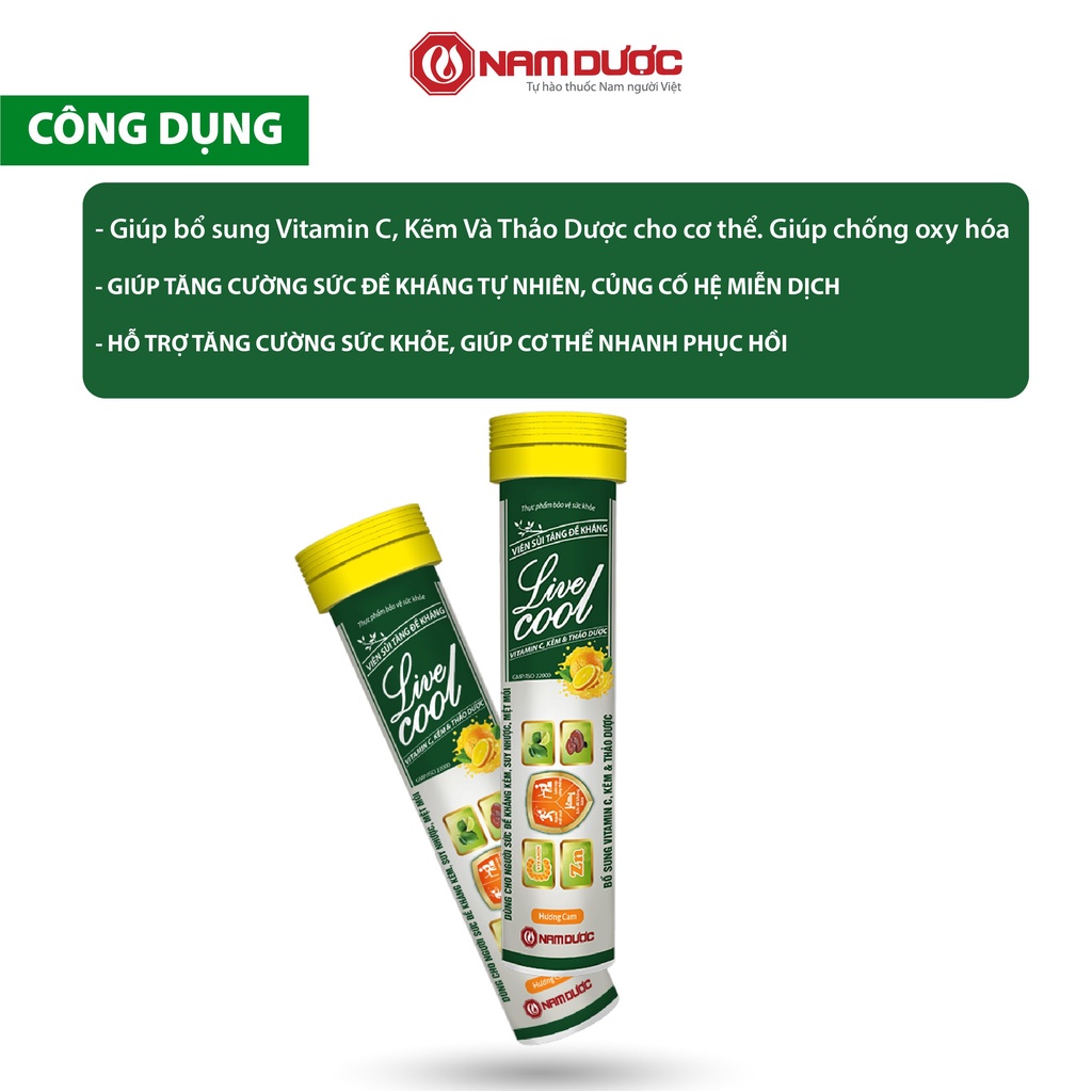 Viên sủi tăng đề kháng Livecool Nam Dược (16 viên sủi x 4g),bổ sung vitamin C, kẽm và thảo dược,củng cố hệ miễn dịch