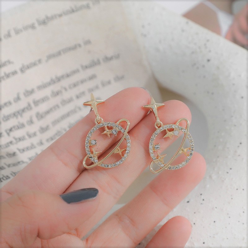 Khuyên tai bạc hình địa cầu đính đá, bông tai nữ bạc ta S925