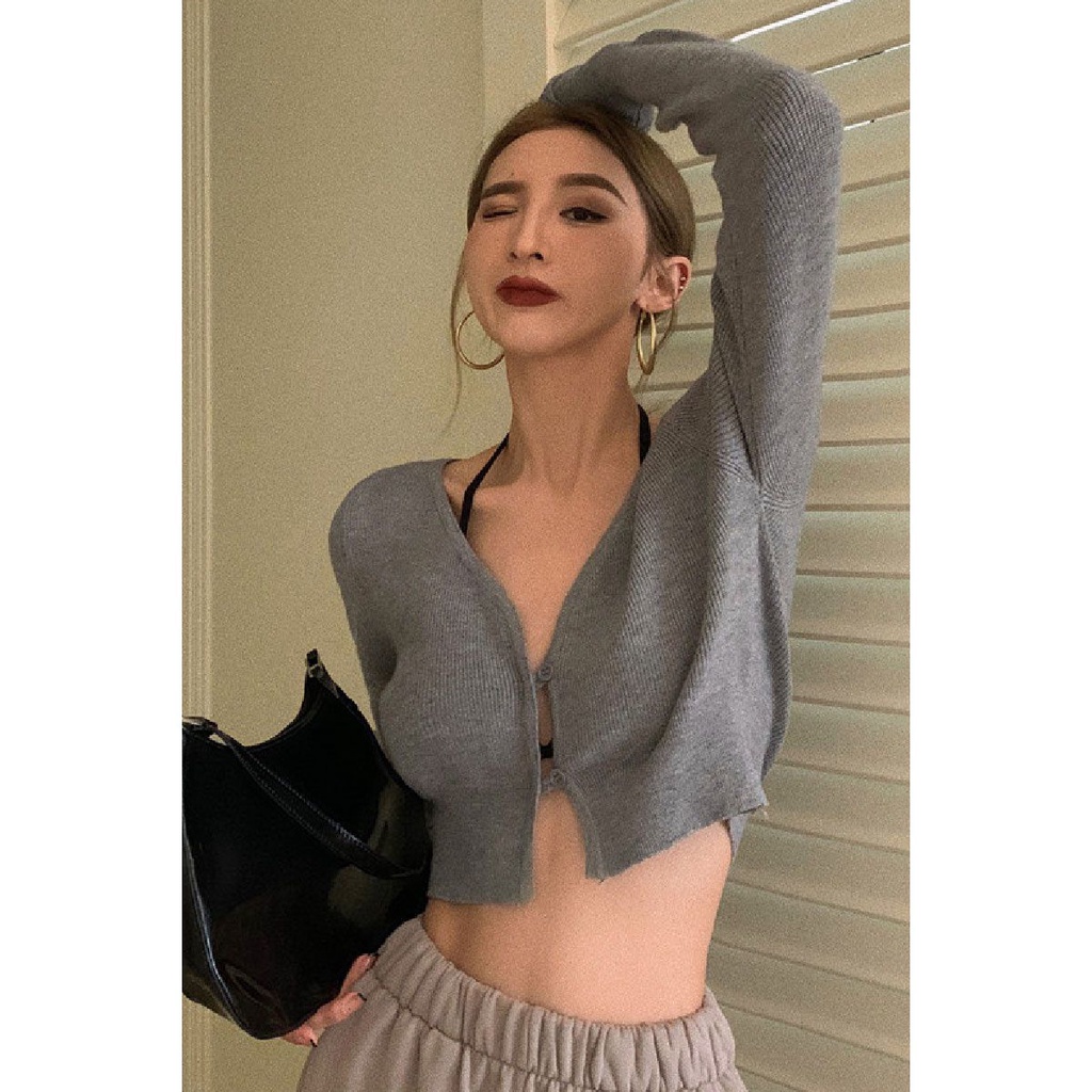 Áo len COZOKC tay dài cổ chữ V dáng ôm khóa kéo thời trang cho nữ