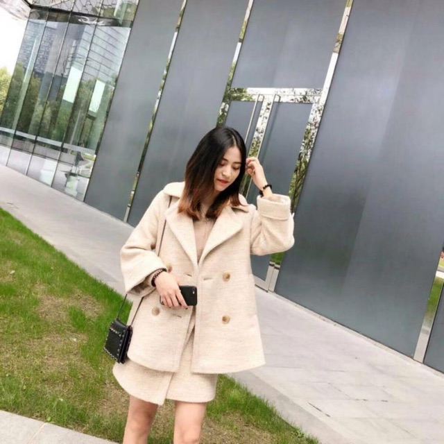 Set áo + chân váy dạ vạt chéo hai khuy | BigBuy360 - bigbuy360.vn