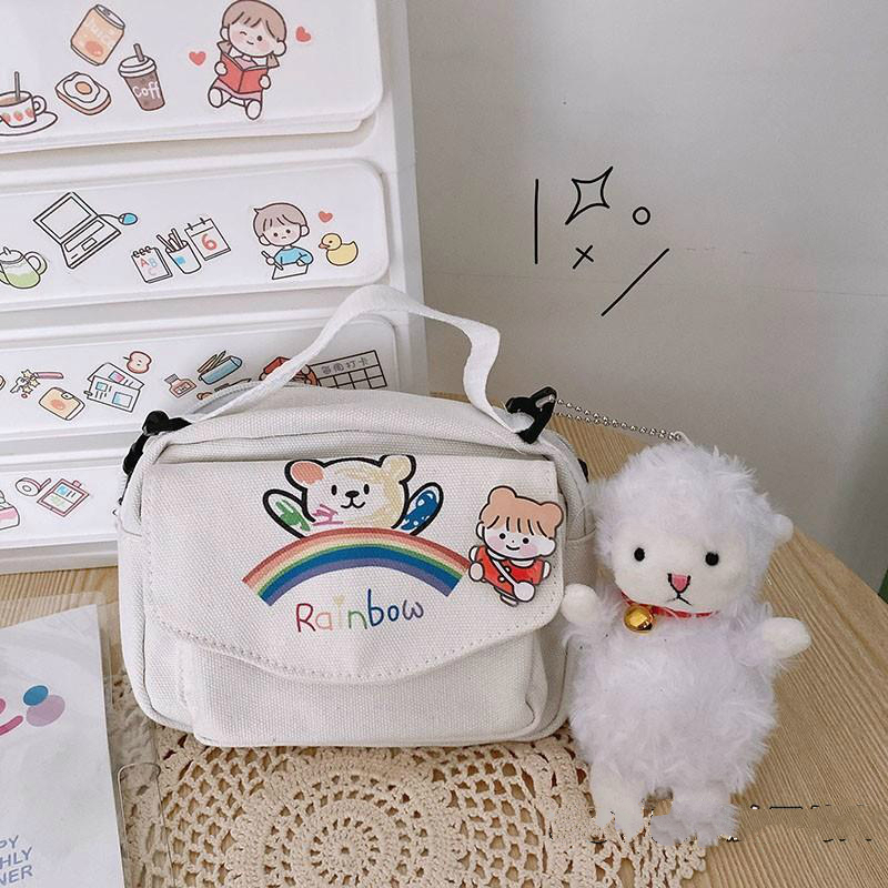 Túi đeo chéo vải canvas họa tiết gấu hoạt hình dễ thương dành cho nữ