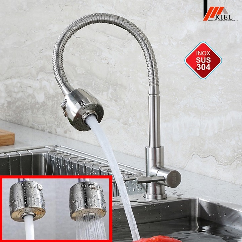 Vòi rửa bát Inox 304 cần mềm lạnh  2 chế độ xả nước không chì thân thiện với môi trường .