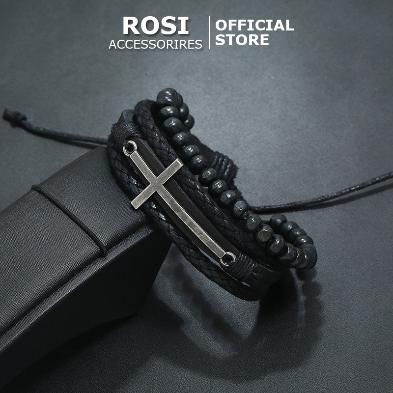 Vòng tay nam da thánh giá kim loại mix hạt cườm cực chất