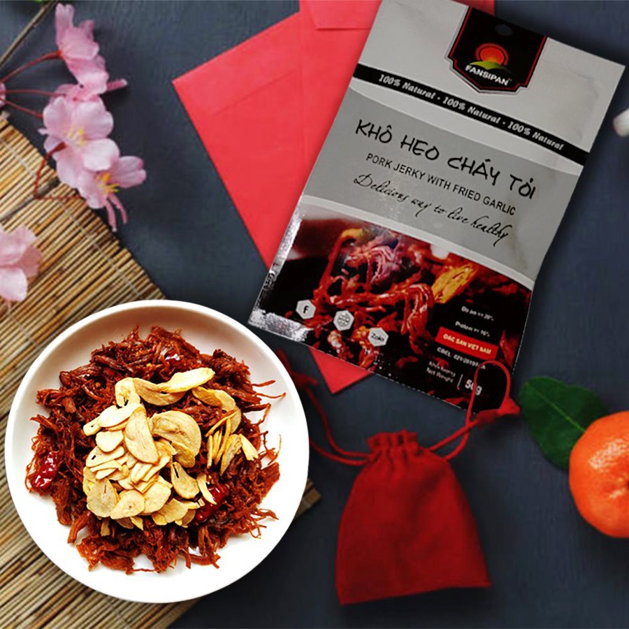 Khô heo cháy tỏi Fansipan 50g, khô heo cháy tỏi cao cấp thơm ngon đảm bảo An toàn Vệ sinh, Torao foods - ăn vặt ngon | BigBuy360 - bigbuy360.vn