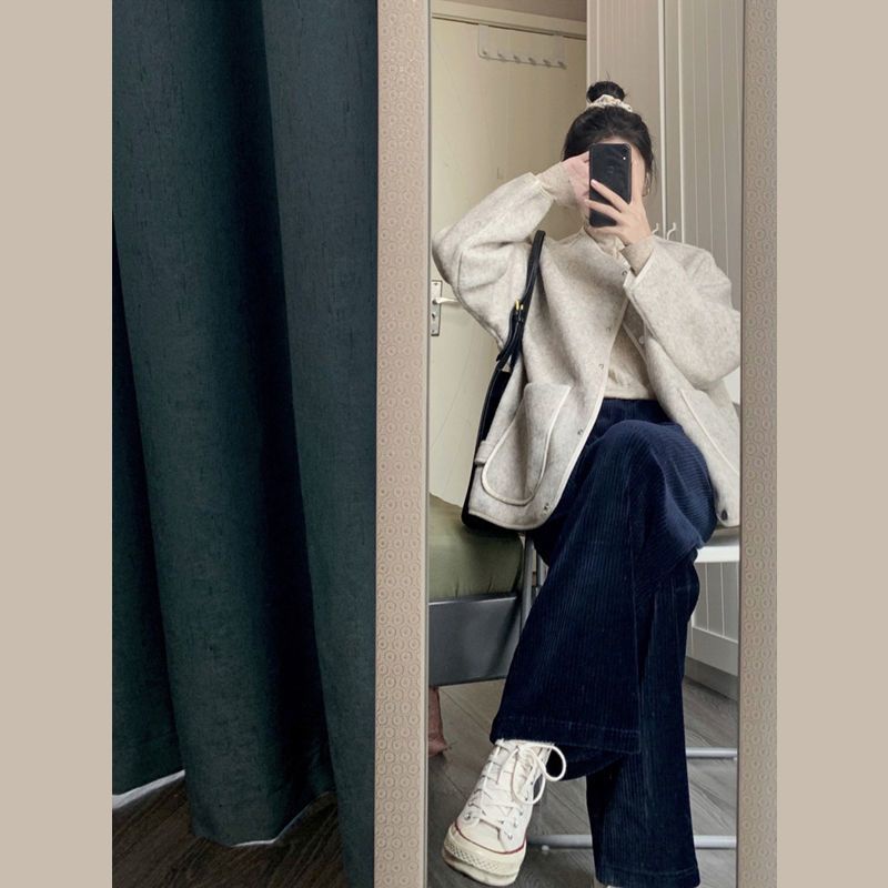Còn 1 áo size M| Áo khoác dạ tweed cổ tròn màu be túi vuông 2 bên