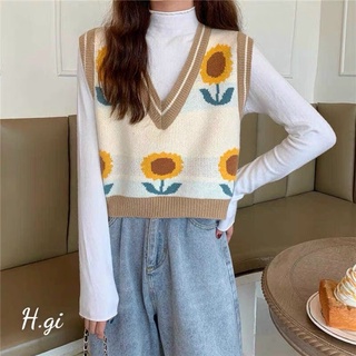 Áo len ghile hoa hương dương cổ tim, ghile mix áo sơ mi cưc xinh luôn nhé