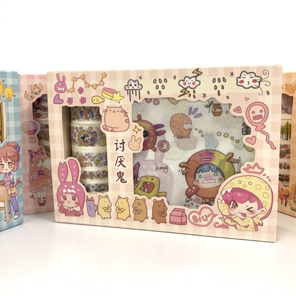 Hộp combo Sticker kèm Washi tape WS06 - Nhãn dán phong cách dễ thương trang trí sổ