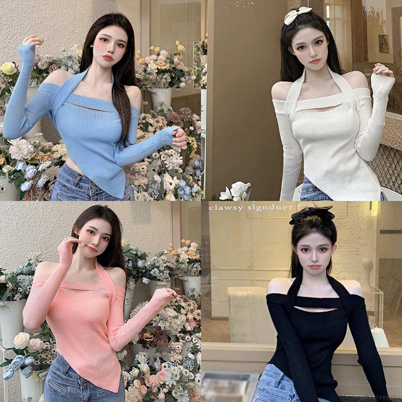 Áo thun dệt kim tay dài màu sắc thanh lịch