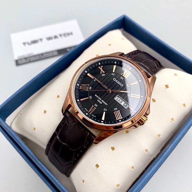 Đồng Hồ Casio | Nam MTP-1384L-1AVDF | Dây Da | Vỏ Mạ Ion Vàng Hồng | Chống Nước 100m