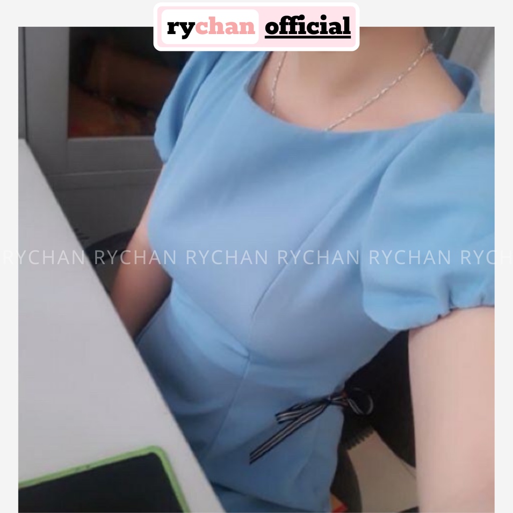[ẢNH THẬT CUỐI] Đầm Xoè Xám Xanh Nơ Eo Tay Phồng Đuôi Cá - DX059