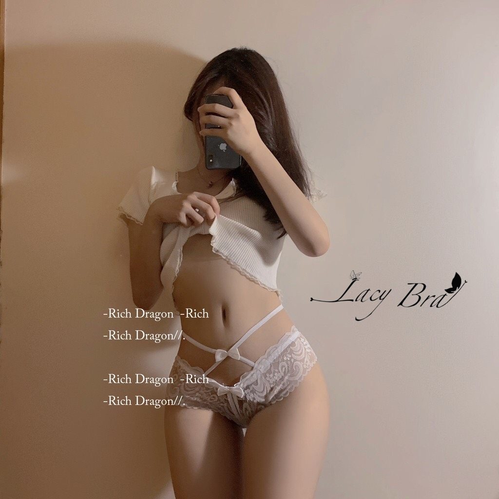 Quần Lót Ren Lọt Khe Không Đũng Hở Đáy Cạp Dây Chéo Đính Nơ Gợi Cảm Lacy Bra - QL43