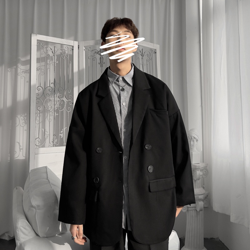 ♞AFF LIGA♞ Áo khoác blazer tay dài dáng rộng màu xám và đen phong cách cổ điển thời trang Hàn Quốc cho nam