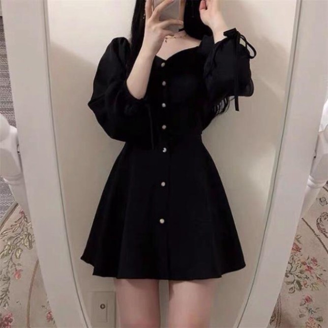 Đầm Nữ Đen Tay Phối Nơ Chất Đũi Dáng Lỡ Hàng Cúc Trước Q040