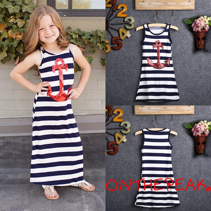 Đầm maxi in họa tiết mỏ neo đính kim tuyến lấp lánh phong cách Bohomian đáng yêu cho bé gái