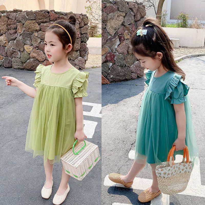 Đầm Tay Ngắn Phối Lưới Màu Sắc Đơn Giản Cho Bé Gái