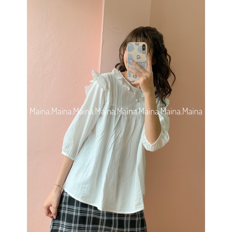 Áo babydoll cúc bọc trắng basic tay bồng(Ảnh thật/sẵn)