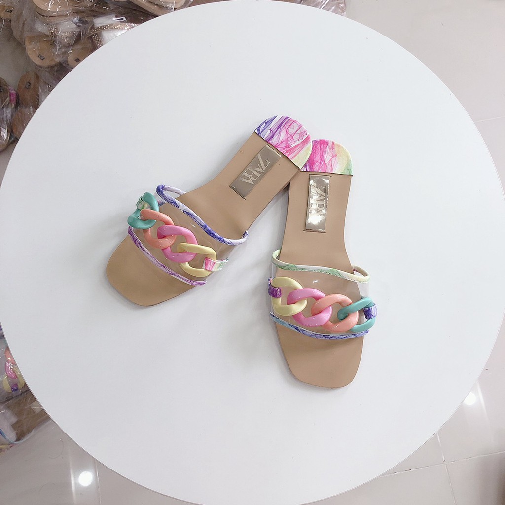 dép quai ngang nữ hiệu ZR quai meca trong trang trí xích rainbow mẫu mới 2021