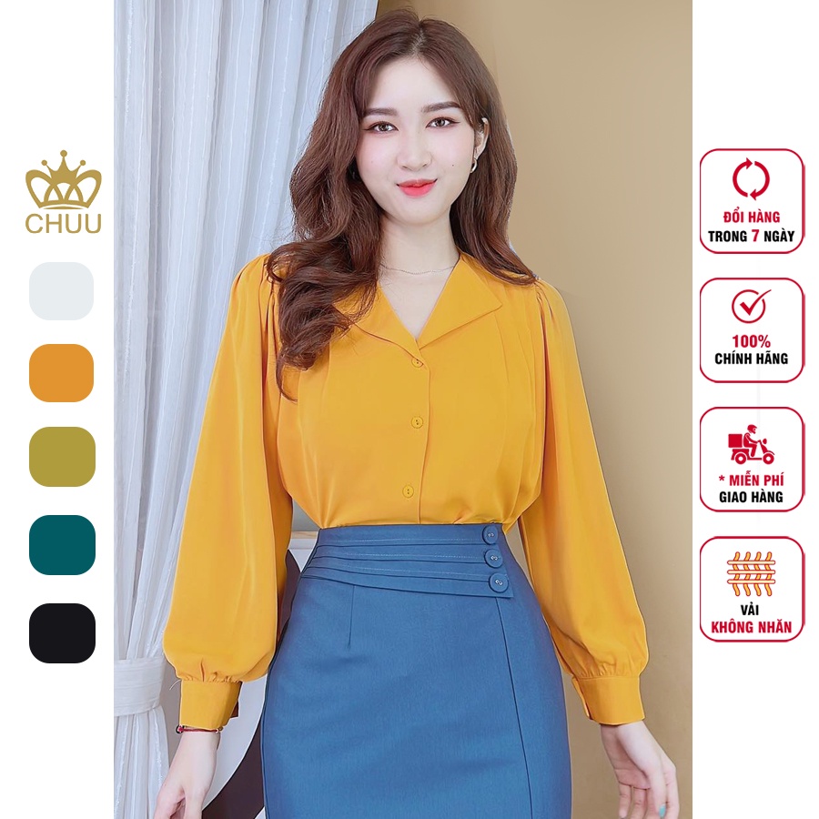 Áo sơ mi cổ vest vải lụa lạnh tay phồng vai xếp ly xinh xắn kiểu công sở CHUU A60033