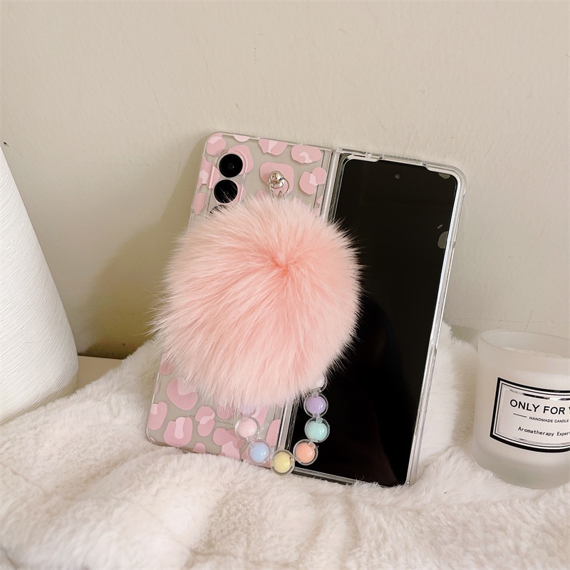 Bao Da Điện Thoại Cứng Hình Báo Hồng Đính Quả Bông Cho samsung galaxy z fold 3 fold3 Ốp