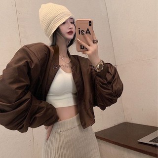 Set áo khoác bóng chày tay dài nâu + quần thun dài màu xám ulzzang cá tính