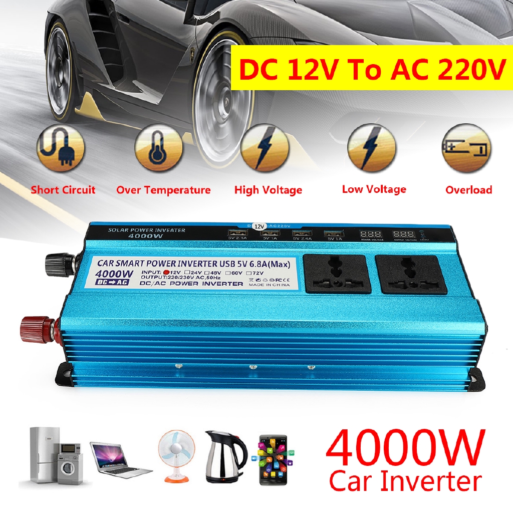  4000W Peak Car Power Inverter LED Display 12V DC to 220V AC 