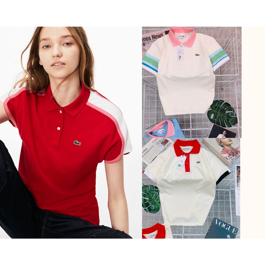❁⊙Áo polo nữ ngắn tay viền sọc 3 màu trắng, xanh đen, đỏ chất thun cá sấu cực đẹp