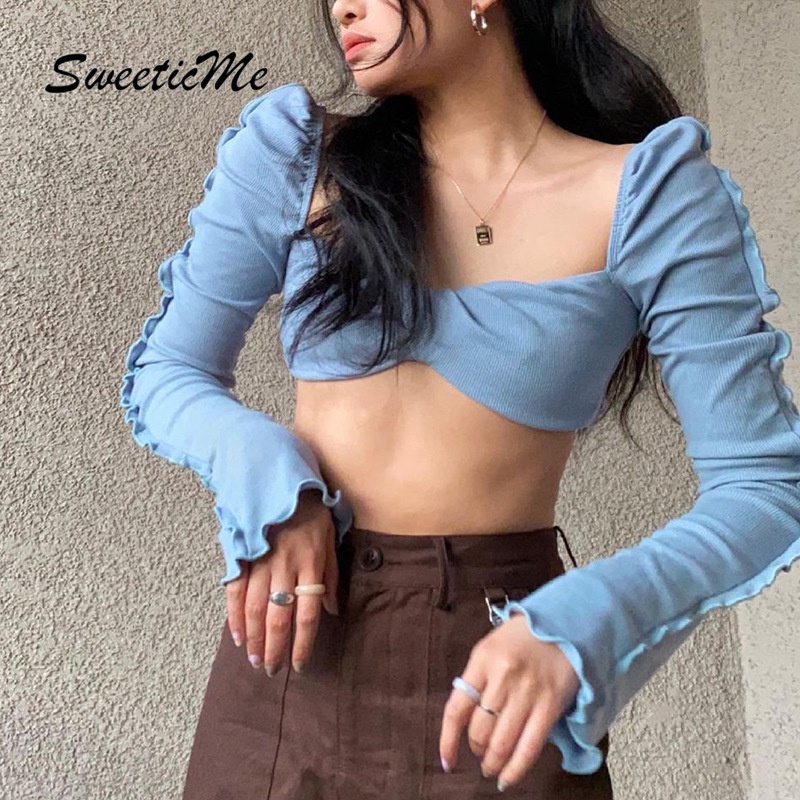 Áo Thun Sweeticme Tay Dài Hở Lưng Màu Trơn Quyến Rũ Cho Nữ 2021